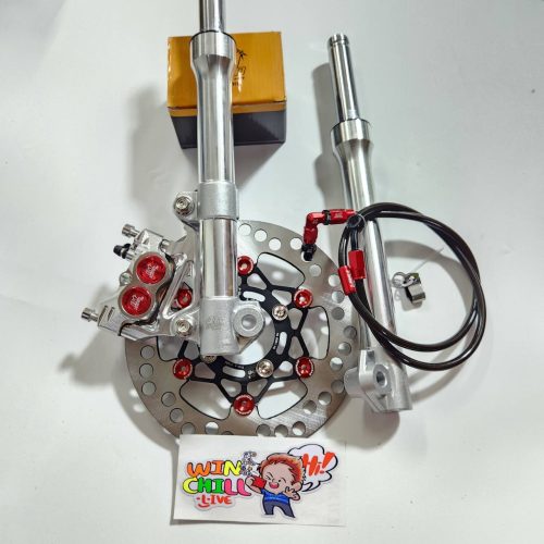 Bộ 6 mảnh: ống giảm xóc + trục cắt 2.5 inch màu bạc + bơm màu bạc chấm đỏ 8.1 thay thế CNC + chân bơm + đĩa đen chấm đỏ + ốc 8 chiếc + dây phanh màu đỏ ZERN8.1 đầu 90 WAVE110i / WAVE125 cá voi / DREAM SUPERCUB.