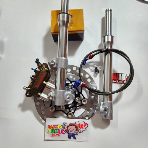 Bộ 6 mảnh: ống xả + trục cắt 2.5 inch màu bạc + bơm máy mài màu nâu + chân bơm + đĩa đen + ốc 8 chiếc + dây phanh SWIT đầu 90 WAVE110i / WAVE125 cá voi / DREAM SUPERCUB.